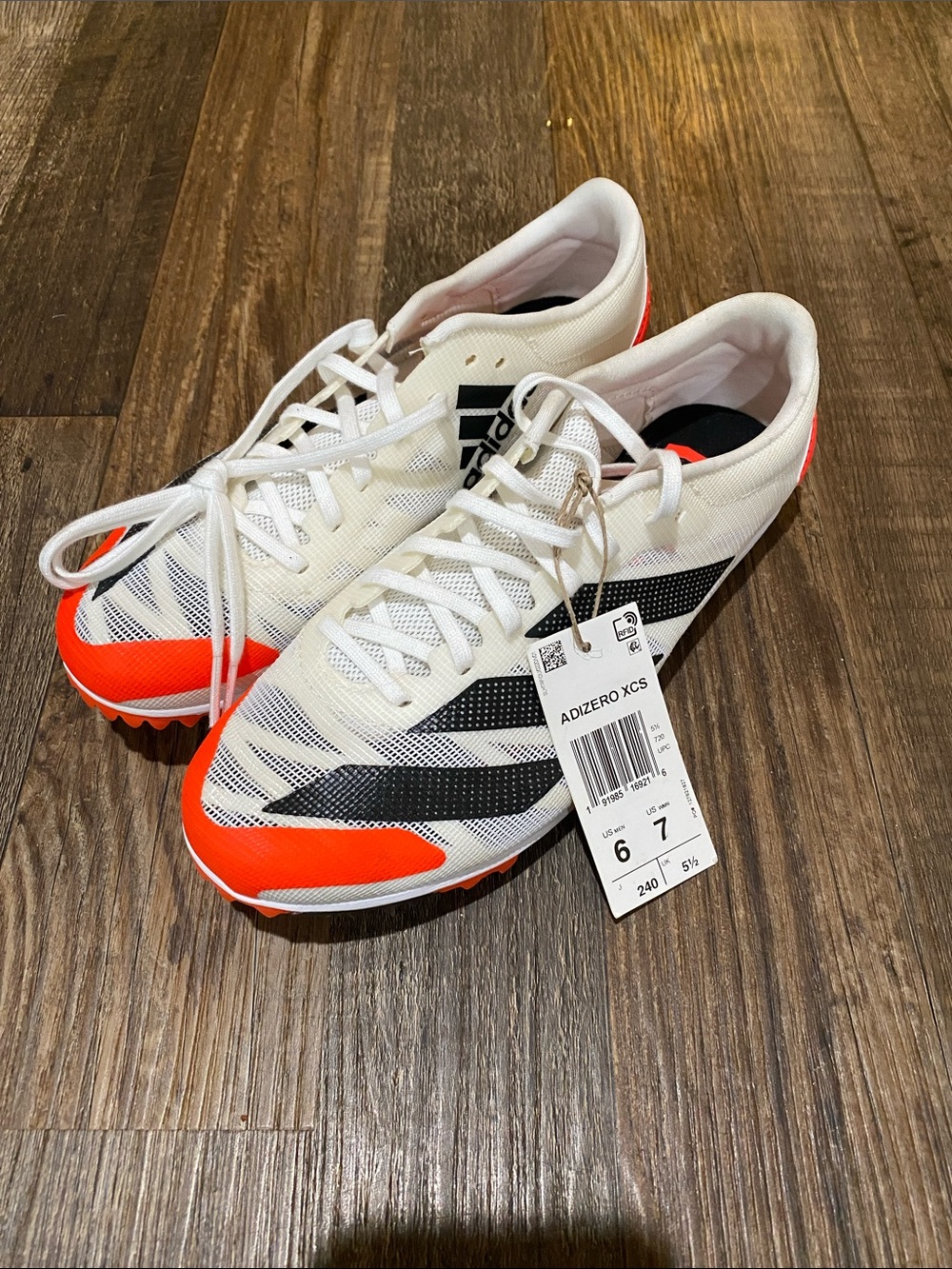 adidas Women's Adizero XCS White Black Orange Spiked Running Shoes wms 7, M 6